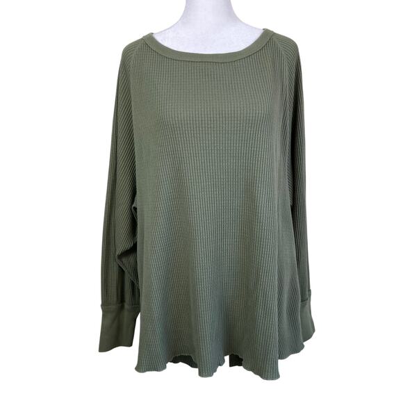 Free People Sz S Olive Green Waffle Knit Thermal Top Oversized Split Back Cozy - Picture 13 of 16